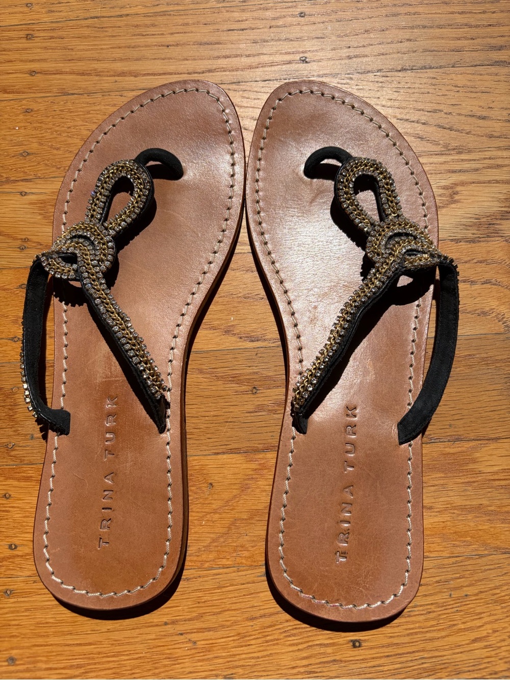 Trina Turk Brown Leather Sandals with Black Beaded Knot Straps